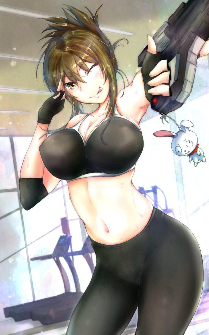 black_gloves black_sports_bra breasts brown_hair cleavage collarbone elbow_gloves female gloves gun highres holding holding_gun holding_weapon kisaragi_chitose large_breasts midriff navel purple_eyes rainier_(1976636922) solo sparkle sports_bra super_robot_wars super_robot_wars_v sweat tehepero tied_hair tongue tongue_out treadmill underwear v-shaped_eyebrows variant_set weapon