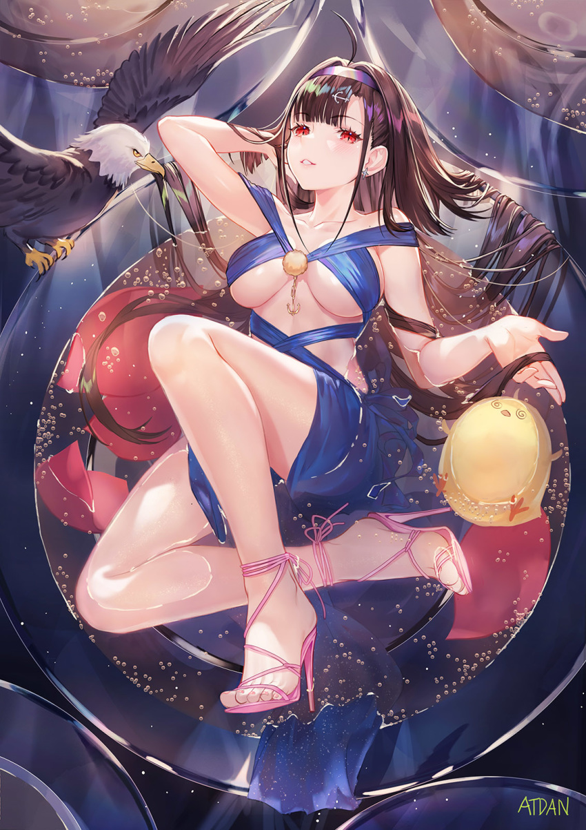 ahoge arm_up atdan azur_lane bare_legs bare_shoulders bird black_hair blue_dress breasts chick collarbone dress eagle earrings feet female hair_ornament hairband high_heels highres independence_(azur_lane) independence_(the_independent_line)_(azur_lane) jewelry large_breasts long_hair looking_at_viewer manjuu_(azur_lane) parted_lips red_eyes revealing_clothes sandals sleeveless sleeveless_dress solo thighs water