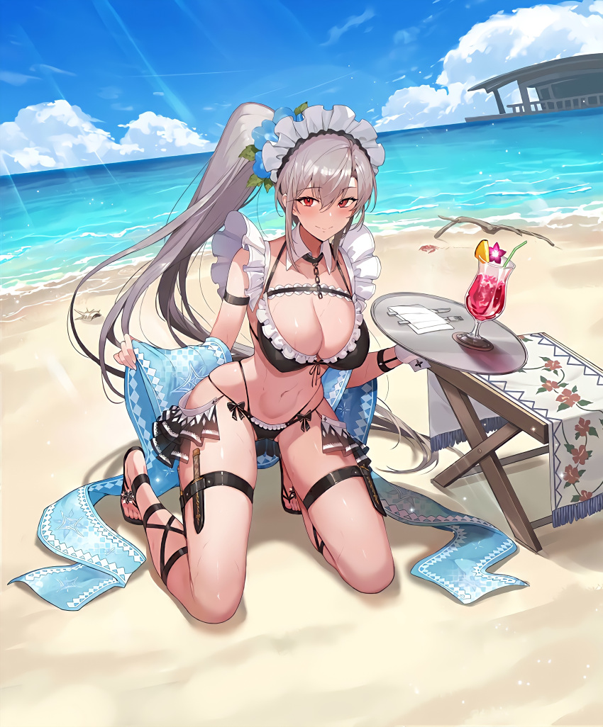 absurdres armband bad_id bad_pixiv_id beach bikini black_bikini black_flower black_rose blush breasts broken broken_chain chains choker clarice_(evertale) cleavage cocktail_glass collar cup dagger day drinking_glass evertale female flower grey_hair highres juliet_sleeves kakage kneeling knife large_breasts leg_ribbon legs_apart long_sleeves looking_at_viewer maid maid_bikini maid_headdress navel ocean official_art outdoors ponytail puffy_sleeves red_eyes ribbon rose sand sandals seductive_smile shell shiny_skin skindentation smile solo strap string_bikini sweat swimsuit thigh_ribbon thigh_strap thighs tiptoes tray unconventional_maid water weapon wine_glass