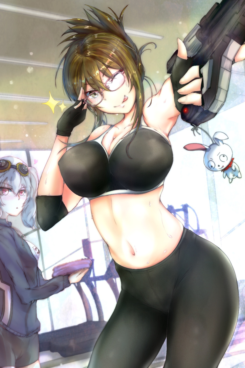 2girls bare_shoulders bike_shorts black_gloves black_shorts black_sports_bra blue_jacket breasts brown_hair cleavage collarbone crop_top elbow_gloves glasses gloves grey_hair gun highres holding holding_gun holding_weapon jacket kisaragi_chitose large_breasts midriff multiple_girls navel nine_(super_robot_wars) purple_eyes rainier_(1976636922) red_eyes shorts solo_focus sparkle sports_bra super_robot_wars super_robot_wars_v sweat tehepero tied_hair tongue tongue_out track_jacket treadmill twintails underwear v-shaped_eyebrows variant_set weapon