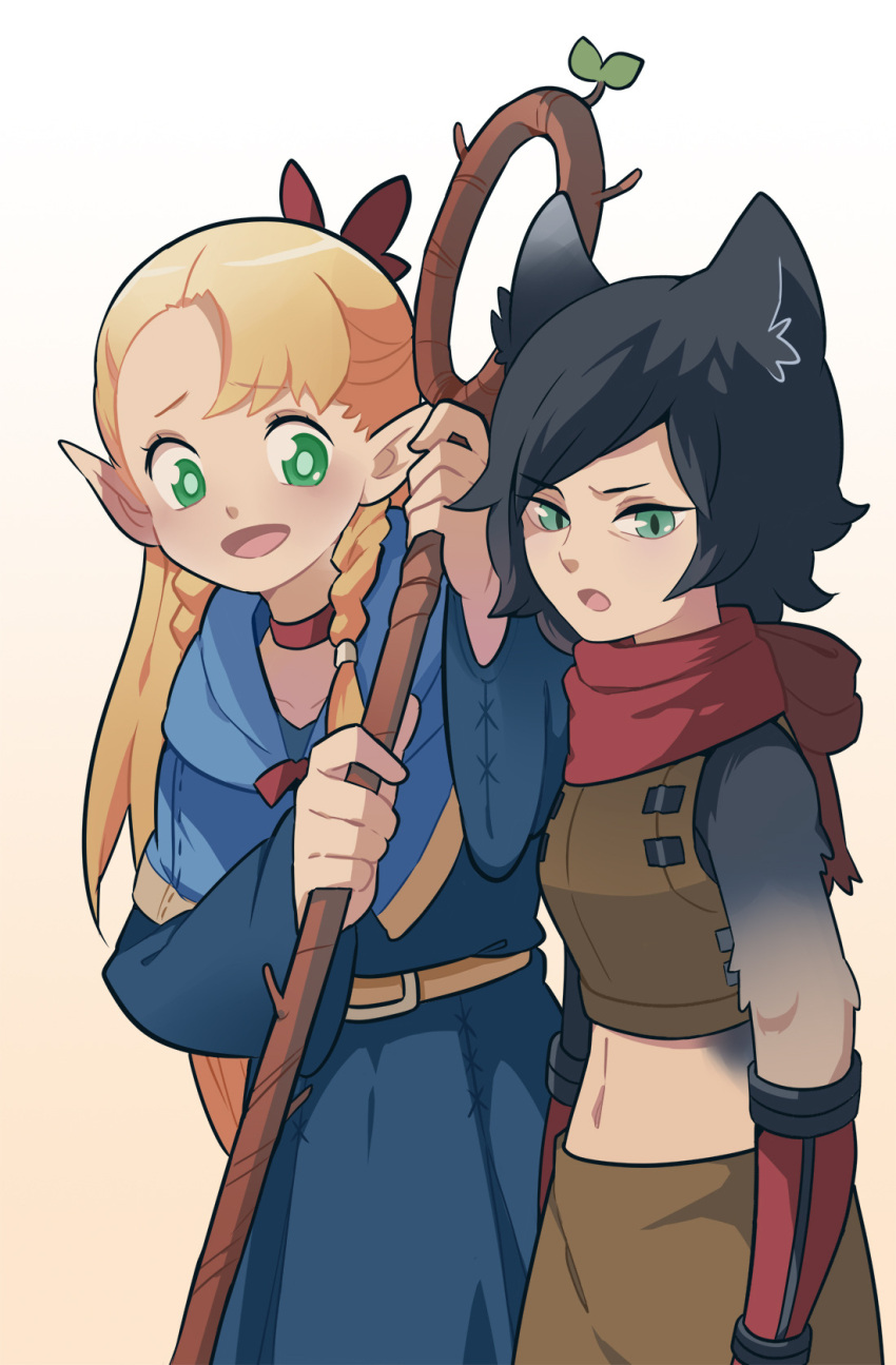 2girls animal_ears armor belt black_fur black_hair blonde_hair blue_robe cat_ears dungeon_meshi elf furrowed_brow gomipomi green_eyes highres izutsumi jewelry leather_armor looking_at_another looking_away marcille multiple_girls navel necklace open_mouth pointy_ears red_ribbon red_scarf ribbon scarf slit_pupils staff