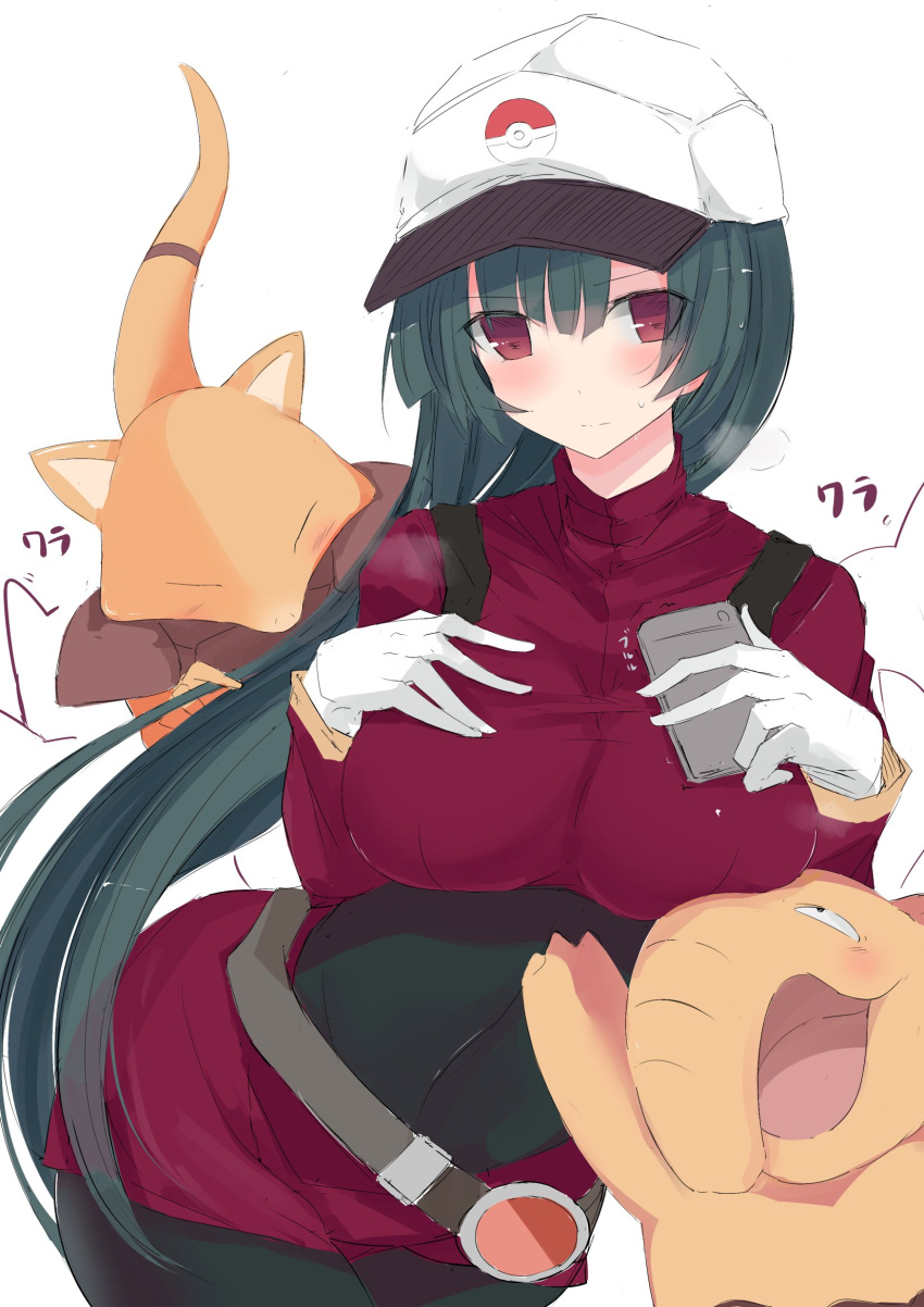 abra backpack bag baseball_cap black_bodysuit black_pantyhose blue_hair blunt_bangs blunt_ends blush bodysuit bodysuit_under_clothes breast_focus breast_press breasts cellphone collarbone covered_navel cropped_jacket dark_blue_hair drowzee edogawa_nao female gloves hand_on_own_chest hat highres hime_cut holding holding_phone jacket large_breasts long_hair long_sleeves pantyhose pencil_skirt phone pokemon pokemon_(creature) pokemon_frlg pokemon_go red_eyes red_jacket red_skirt sabrina_(pokemon) skirt sweatdrop turtleneck turtleneck_jacket white_gloves white_headwear