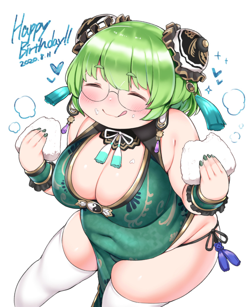 ^_^ bad_id bad_twitter_id belly breasts bun_cover china_dress chinese_clothes cleavage cleavage_cutout closed_eyes clothing_cutout covered_navel dated double_bun dress eating fat female food fusa_(starless2323) glasses hair_bun handa_moegi happy_birthday highres holding holding_food inactive_account indie_virtual_youtuber large_breasts onigiri round_eyewear short_eyebrows short_hair solo thick_arms thighhighs virtual_youtuber white_background