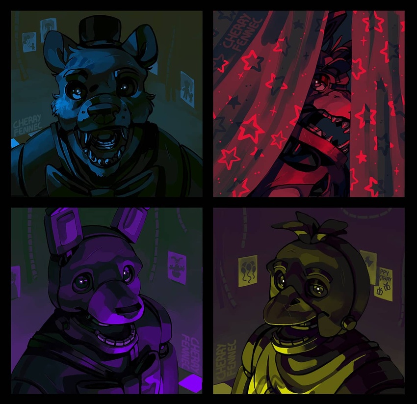 2021 animatronic anthro avian balloon beak bear bib big_bow_tie bird black_nose blonde_hair blue_body blue_eyes blue_fur blue_nose blue_sclera blue_theme bonnie_(fnaf) bow_tie bust_portrait canid canine chica_(fnaf) chicken close-up clothed clothing curtains curtains_open detailed digital_media_(artwork) drawing eye_patch eyewear fangs female fenneccherry five_nights_at_freddy's fox foxy_(fnaf) freddy_(fnaf) fur galliform gallus_(genus) group hair half-closed_eyes hat headgear headwear hi_res inflatable inside lagomorph leporid long_ears looking_at_viewer machine male mammal multicolored_nose narrowed_eyes open_mouth peaking peaking_through_curtains phasianid photo pirate portrait purple_body purple_ears purple_eyes purple_nose purple_sclera purple_theme rabbit red_body red_eyes red_sclera red_theme restaurant robot round_ears scottgames sharp_teeth short_hair stage stage_curtains standing star teeth top_hat wire yellow_beak yellow_body yellow_eyes yellow_sclera yellow_theme