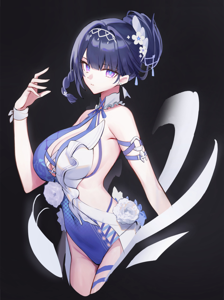 absurdres black_background blue_pupils braid breasts casual_one-piece_swimsuit closed_mouth covered_navel cowboy_shot female flower from_side hair_bun hair_flower hair_ornament highres honkai_(series) honkai_impact_3rd large_breasts long_hair looking_at_viewer looking_to_the_side lysh o-ring_arm_strap official_alternate_costume one-piece_swimsuit purple_eyes purple_hair purple_one-piece_swimsuit raiden_mei raiden_mei_(crooning_tides)_(honkai_impact) raiden_mei_(herrscher_of_origin) sideless_outfit simple_background single_braid solo swimsuit white_flower white_wristband