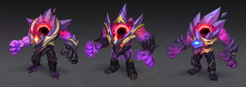 1boy colored_skin dark_star_malphite english_commentary facing_viewer full_body glowing gradient_background grey_background highres horns league_of_legends male_focus malphite pink_skin sharp_teeth standing teeth vladbacescu