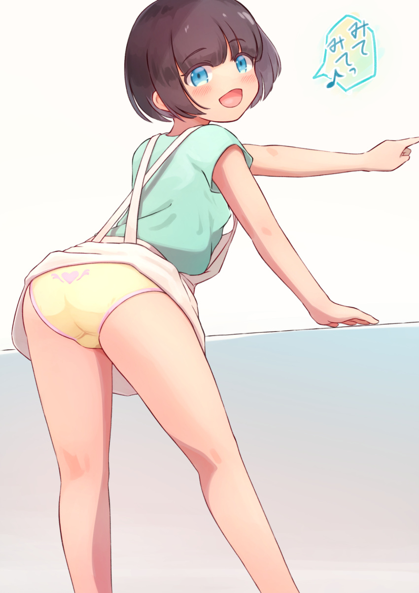 ass back-print_panties black_hair blue_eyes bob_cut commentary crotch_seam eighth_note female from_behind green_shirt heart heart_print highres kai_ooo1 kneepits leaning_forward looking_at_viewer looking_back miniskirt musical_note open_mouth original panties pointing print_panties shirt short_hair short_sleeves skirt smile solo standing suspender_skirt suspenders t-shirt underwear wardrobe_malfunction white_skirt yellow_panties