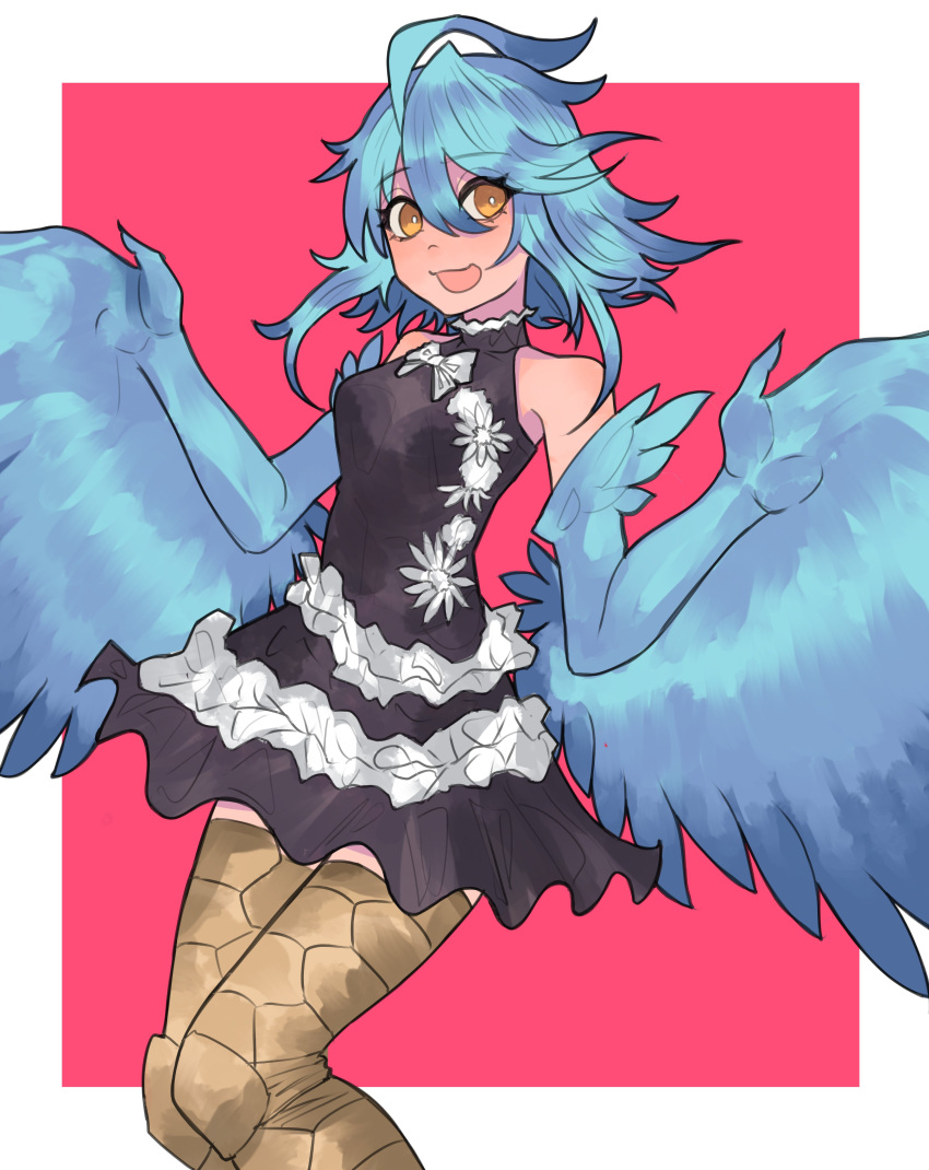 :3 :d absurdres ahoge alternate_costume bare_shoulders bird_legs black_dress blue_feathers blue_hair blue_wings bob_cut border bow breasts bright_pupils commentary dress dress_bow eyelashes feathered_wings feathers feet_out_of_frame female frilled_dress frills from_side hair_between_eyes halterneck harpy highres long_bangs looking_at_viewer looking_through_own_legs medium_breasts messy_hair monster_girl monster_musume_no_iru_nichijou nebula_flabby open_mouth outside_border papi_(monster_musume) pink_background short_hair short_hair_with_long_locks sidelocks simple_background sleeveless sleeveless_dress smile w_arms white_border white_bow white_pupils white_trim winged_arms wings yellow_eyes