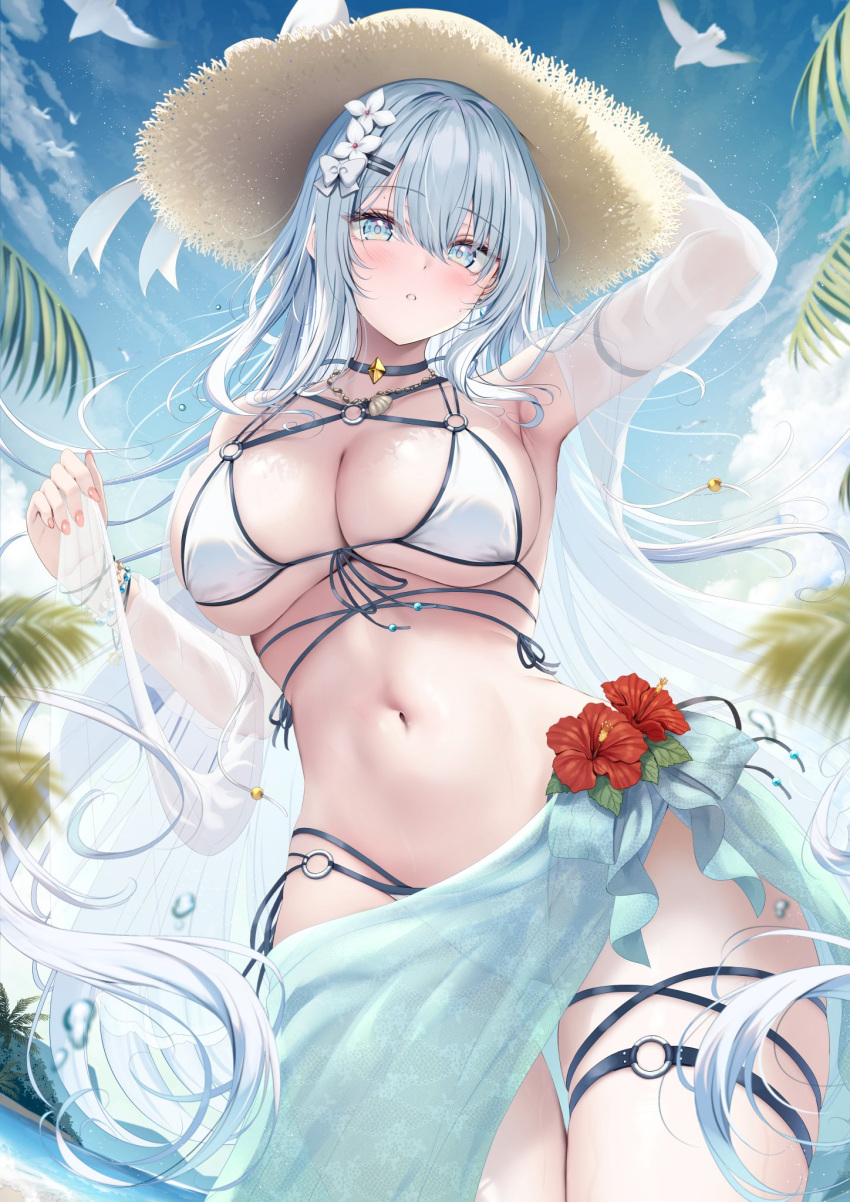 arm_up armpits bikini bird black_choker blue_eyes blue_hair blush bow bracelet breasts choker cleavage cowboy_shot cropped_legs female flower hair_flower hair_ornament hairbow hairclip hat highres jewelry large_breasts long_hair looking_at_viewer navel necklace o-ring o-ring_bikini o-ring_thigh_strap original outdoors parted_lips pink_nails red_flower sarong see-through sideboob sky solo straw_hat swimsuit thigh_gap thigh_strap tomoo_(tomo) underboob white_bikini white_bow