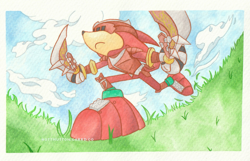 2024 action_pose anthro armor clothed clothing cloud covered_eyes detailed_background dual_wielding echidna foreshortening fully_clothed gouache_(artwork) grass headgear helmet hi_res holding_melee_weapon holding_object holding_sword holding_weapon hottmutton knight low-angle_view male mammal melee_weapon monotreme painting_(artwork) plant pose red_body running sega sir_gawain_(sonic_and_the_black_knight) solo sonic_and_the_black_knight sonic_storybook_series sonic_the_hedgehog_(series) sword traditional_media_(artwork) warrior weapon