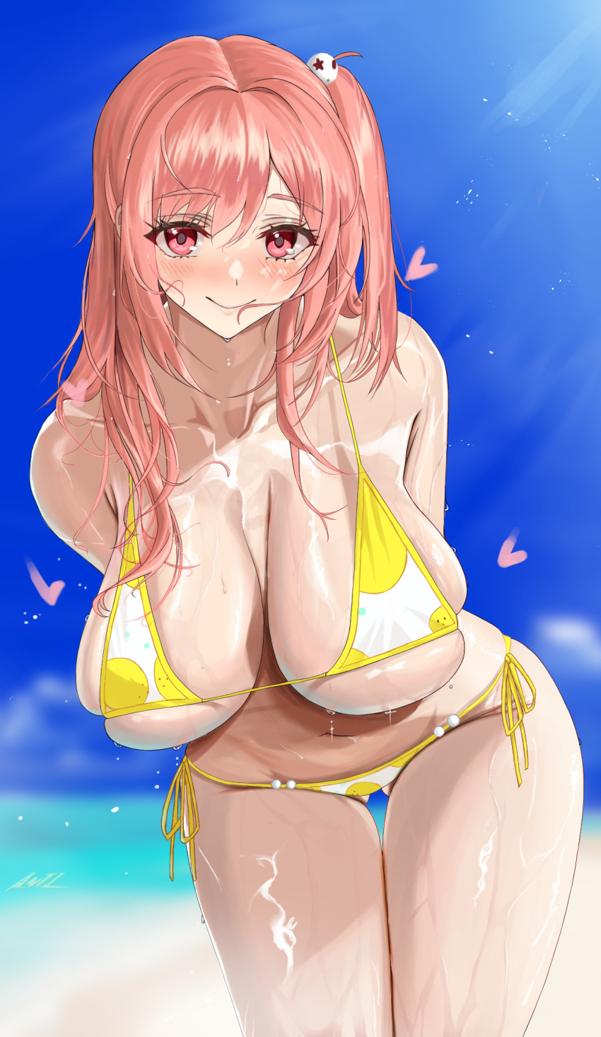 anti_kumo ass_visible_through_thighs azur_lane bare_shoulders beach bikini blue_sky breasts cleavage cloud collarbone cowboy_shot day dead_or_alive female hair_ornament highres honoka_(doa) honoka_(summer_angel_on_the_shore)_(doa) huge_breasts leaning_forward looking_at_viewer navel ocean official_alternate_costume outdoors pink_eyes pink_hair print_bikini side-tie_bikini_bottom skindentation skull_hair_ornament sky solo summer swimsuit thigh_gap two-tone_bikini wet wet_hair yellow_bikini