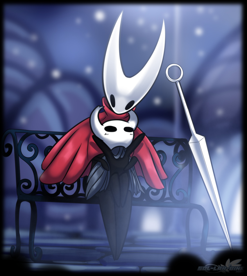 2020 2_horns ambiguous_gender arthropod artist_name bench black_arms black_eyes black_legs cloak clothing digital_media_(artwork) duo english_text hi_res hollow_knight horn hornet_(hollow_knight) latiar melee_weapon nonbinary_(lore) outside raised_arms red_cloak red_clothing sibling_(lore) sister_(lore) sitting tail team_cherry text the_knight_(hollow_knight) vessel_(species) weapon white_head