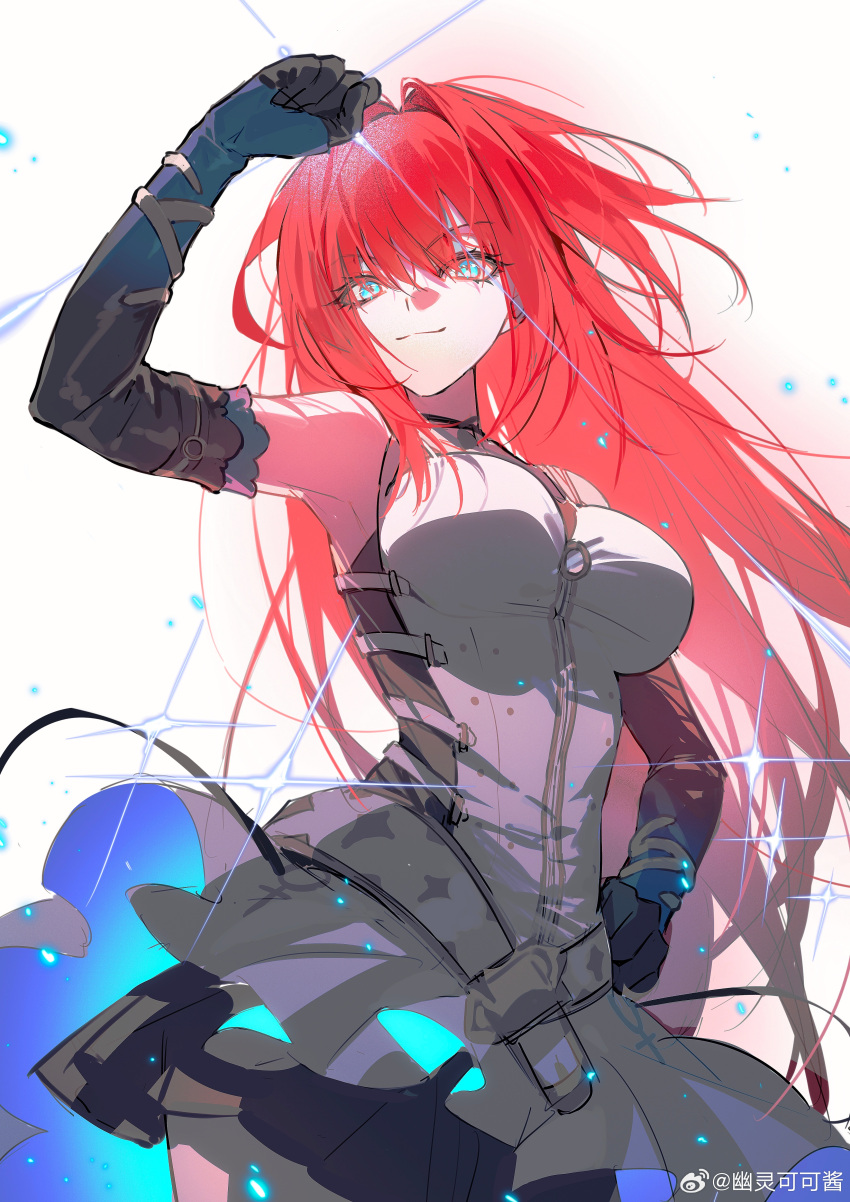 absurdres aozaki_aoko bare_shoulders black_gloves blue_eyes breasts dress elbow_gloves female gloves hand_on_own_hip hand_up highres long_hair looking_at_viewer mahou_tsukai_no_yoru red_hair sidelocks smile solo white_background white_dress youling_keke