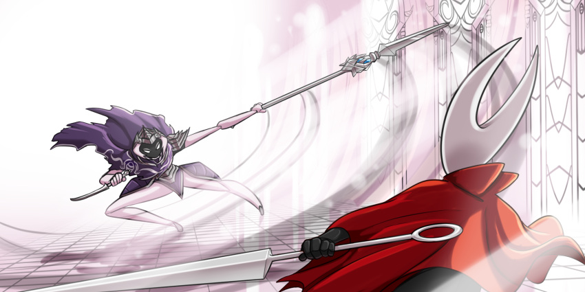 2021 2_horns 5_fingers arthropod black_body black_hands blade cloak clothing digital_media_(artwork) duo featureless_feet feet female fight fingers floor glass hi_res holding_melee_weapon holding_object holding_polearm holding_spear holding_weapon hollow_knight horn hornet_(hollow_knight) inside latiar looking_at_another melee_weapon motion_lines nail_(weapon) polearm red_cloak red_clothing shadow spear standing swinging_weapon team_cherry tile tile_floor weapon white_eyes white_head window