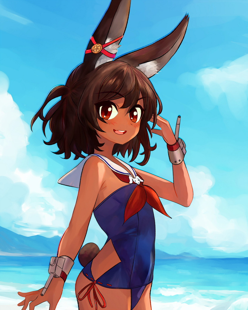 :d absurdres animal_ears azur_lane bare_shoulders beach blush breasts brown_eyes brown_hair cannon commentary_request dark-skinned_female dark_skin day ear_ornament english_commentary female from_side hair_between_eyes hand_to_head hand_up happy highres i-26_(azur_lane) medium_hair mixed-language_commentary neckerchief ocean orange_eyes outdoors rabbit_ears rabbit_girl rabbit_ornament rabbit_tail red_neckerchief rigging sailor_collar sakura_empire_(emblem) side-tie_swimsuit small_breasts smile solo swimsuit tail teeth tsukiyono_aroe turret upper_teeth_only