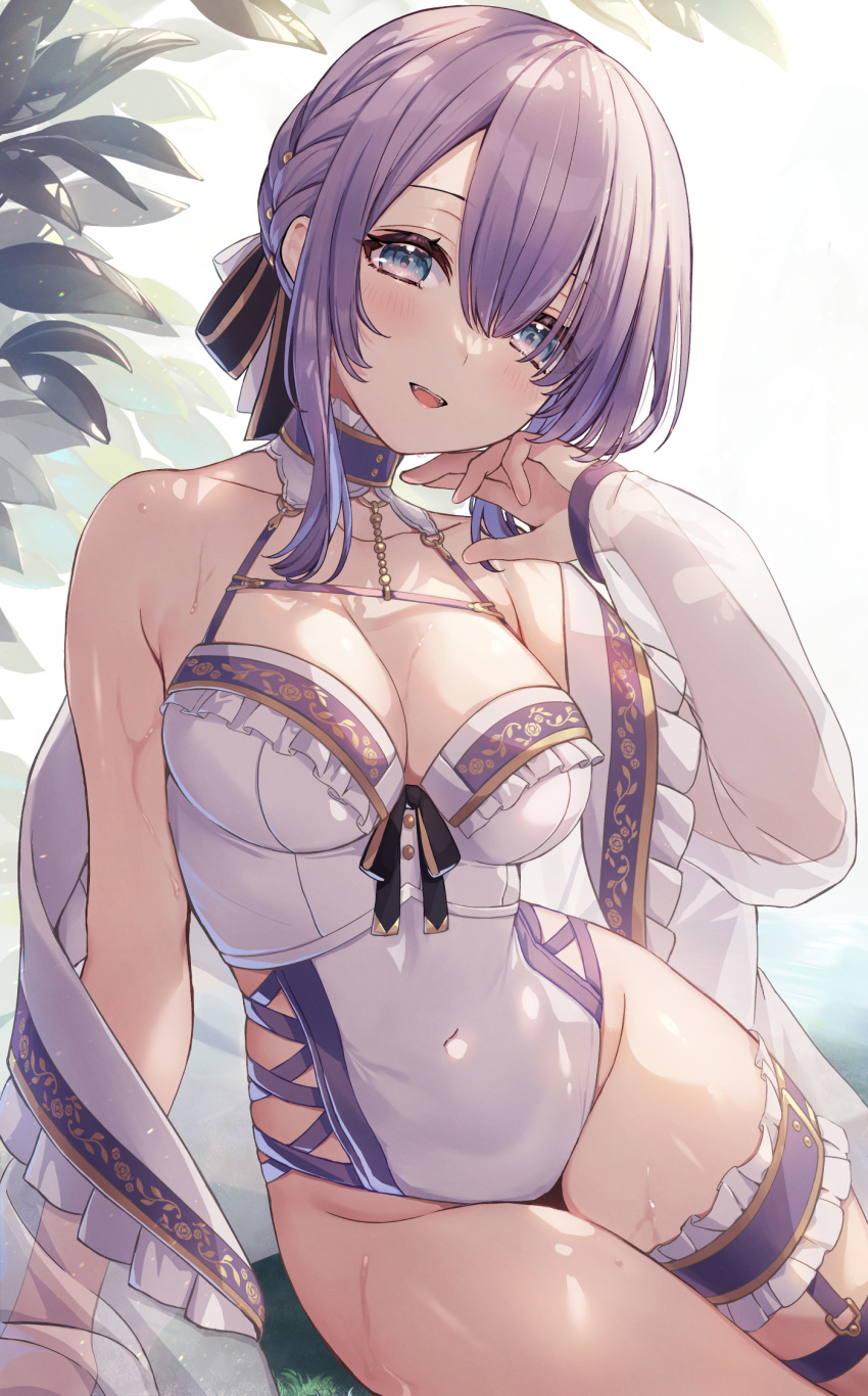 :d ao_no_neko arm_support black_bow black_ribbon blush bow bow_swimsuit braid breasts bridal_garter casual_one-piece_swimsuit choker cleavage collarbone commentary_request covered_navel fangs female grass hair_ribbon hand_on_own_cheek hand_on_own_face highres large_breasts one-piece_swimsuit original purple_eyes purple_hair ribbon shawl sidelocks sitting smile solo swimsuit teeth thigh_strap upper_teeth_only wet white_one-piece_swimsuit