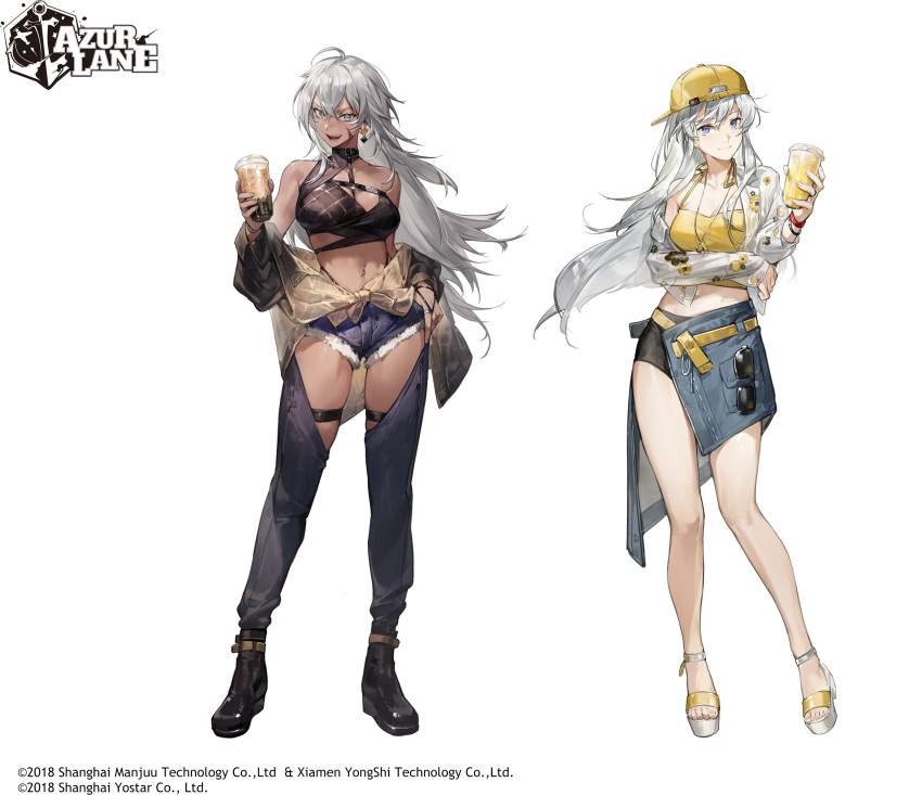 2girls abs absurdres azur_lane baseball_cap blue_eyes bokyo boots cup cutoff_jeans cutoffs enterprise_(azur_lane) grey_hair hat highres holding holding_cup indiana_(azur_lane) jacket long_hair looking_at_viewer midriff multiple_girls navel_piercing open_clothes open_jacket piercing purple_eyes sandals simple_background skirt smile white_background