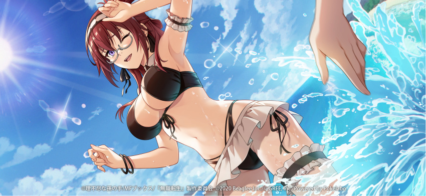 2girls arm_garter bandeau beach bikini bikini_skirt black_bandeau black_bikini bracelet breasts bridal_garter day detached_collar frills glasses hairband highres jewelry large_breasts lillia_greyrat long_hair multiple_girls mushoku_tensei navel official_art purple_eyes red_hair smile swimsuit water zenith_greyrat