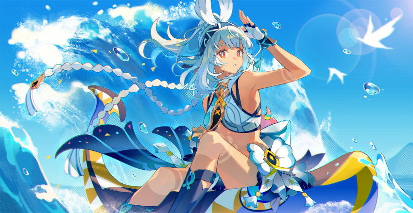 bare_shoulders blue_hairband blue_sky braid clear_sky commentary_request feet_out_of_frame female fingerless_gloves fish-shaped_pupils genshin_impact gloves hairband hand_up highres knee_up long_hair looking_at_viewer low_twin_braids mualani_(genshin_impact) outdoors parted_lips red_eyes sevallasd sky solo surfing twin_braids very_long_hair waves white_gloves white_hair