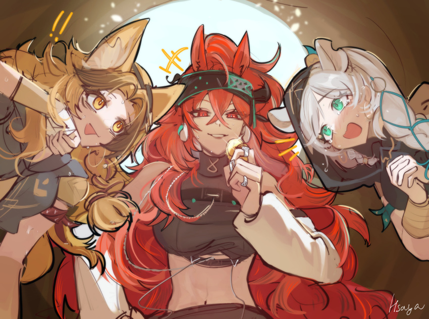 ! !! 3girls animal_ears aqua_eyes arknights bare_shoulders black_shirt blonde_hair blush braid breasts cat_ears cat_girl cat_tail character_request cleavage coin crossed_bangs earrings extra_ears gloves gold_coin hair_between_eyes highres holding hsaya jacket jewelry large_breasts long_hair midriff multicolored_clothes multicolored_jacket multiple_girls multiple_rings narantuya_(arknights) navel notched_ear open_mouth own_hands_together red_eyes red_hair ring shirt smile tail two-tone_jacket white_hair yellow_eyes