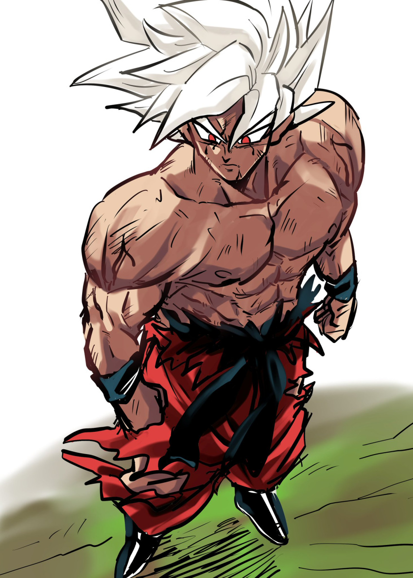 1boy 9302w_(user_wjpg8475) abs dragon_ball dragon_ball_z highres male_focus muscular muscular_male original pants pectorals red_eyes solo son_goku spiked_hair super_saiyan super_saiyan_1 topless_male torn_clothes torn_pants white_hair