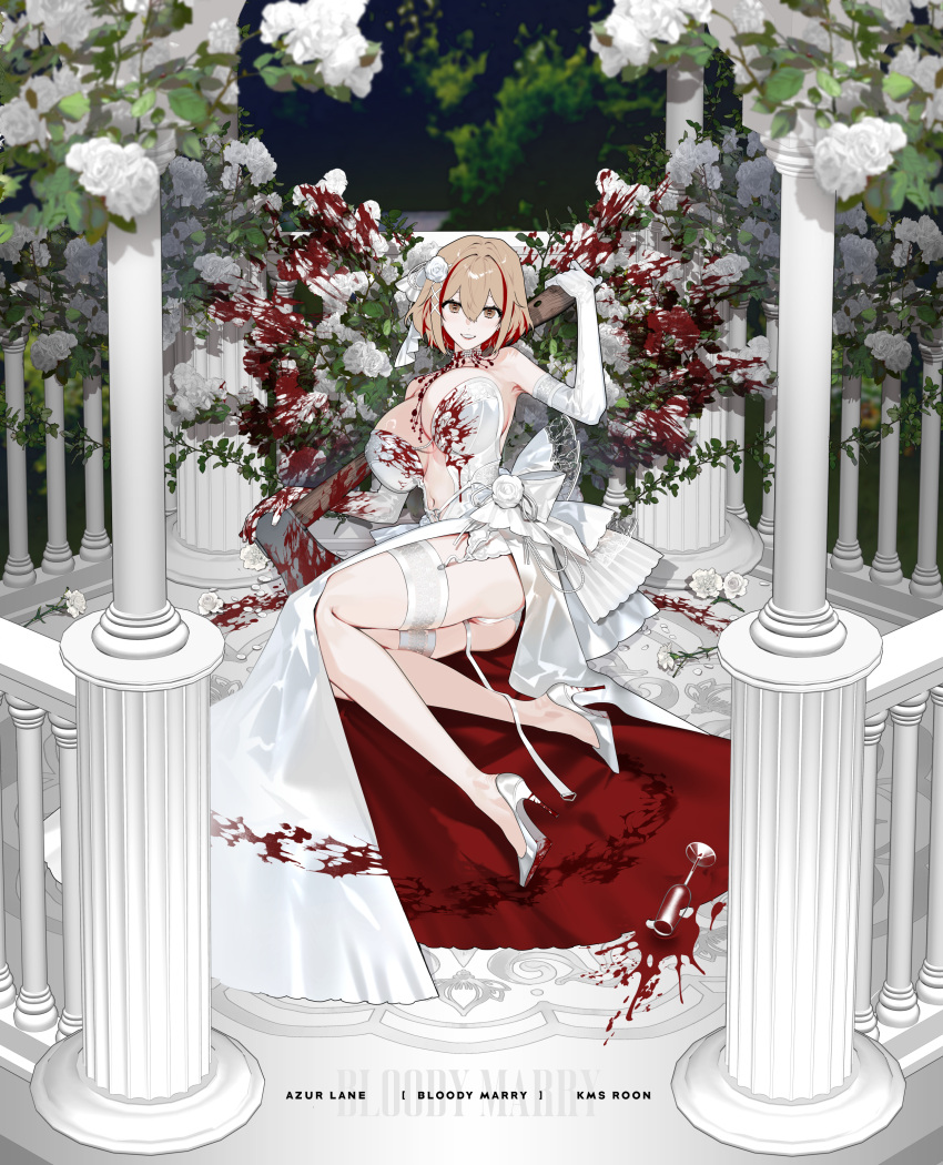 absurdres alternate_costume ass axe azur_lane blood blood_on_clothes blood_on_dress blood_on_flower blood_on_shoes blood_on_weapon blood_splatter breasts bridal_garter brown_hair center_opening character_name column commentary_request copyright_name dress dress_flower elbow_gloves female flower full_body gloves hair_flower hair_ornament high_heels highres holding holding_axe huge_breasts looking_at_viewer multicolored_hair mzet panties pillar red_eyes red_hair roon_(azur_lane) rose short_hair solo stiletto_heels streaked_hair two-tone_hair underwear weapon wedding_dress white_dress white_flower white_footwear white_gloves white_panties white_rose x_hair_ornament