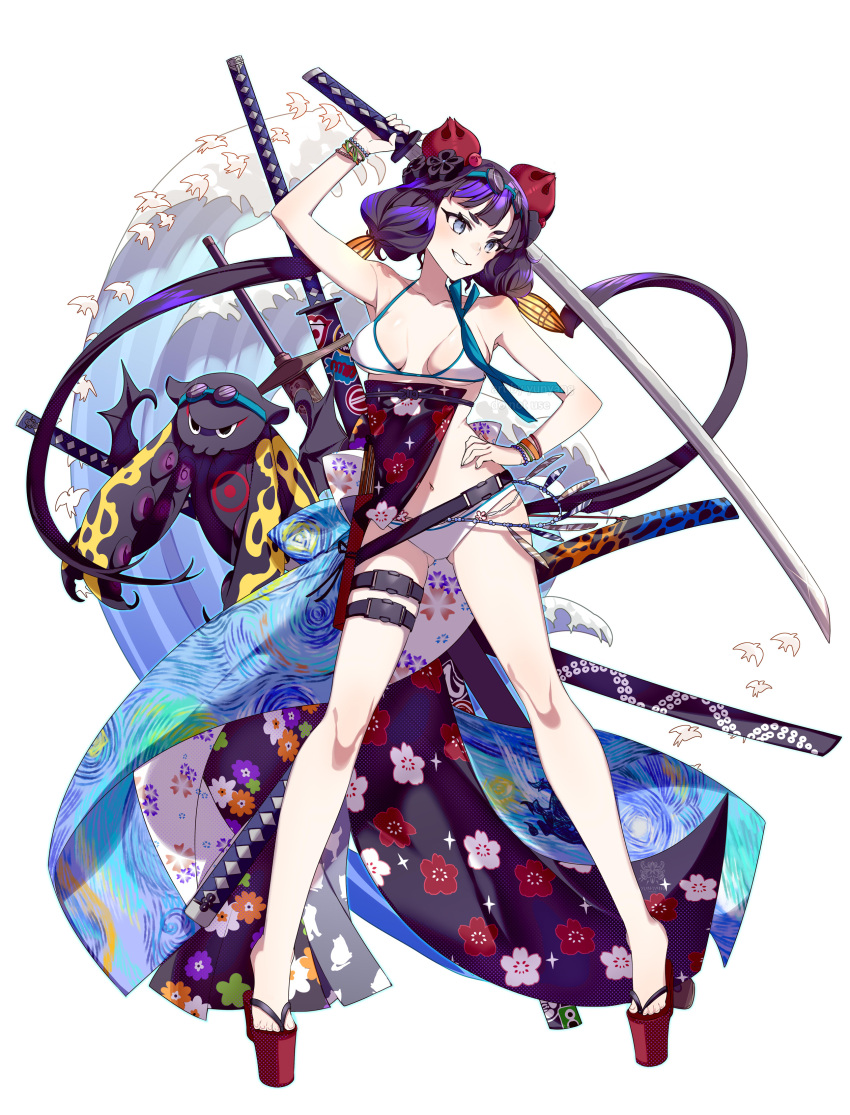 absurdres bare_shoulders bikini blue_eyes blush bracelet breasts collarbone fate/grand_order fate_(series) female floral_print goggles goggles_on_head hair_ornament highres jewelry katana katsushika_hokusai_(fate) katsushika_hokusai_(swimsuit_saber)_(fate) leg_belt long_hair medium_breasts multiple_swords obi octopus purple_hair sash simple_background smile solo swimsuit sword thigh_strap weapon white_background white_bikini yun-yang