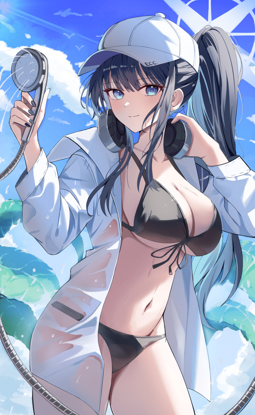 absurdres adapted_costume baseball_cap bikini black_bikini blue_archive blue_halo blue_sky breasts cleavage cloud cloudy_sky commentary_request cowboy_shot female front-tie_bikini_top front-tie_top halo hat headphones headphones_around_neck highres holding holding_shower_head kkubuk92 large_breasts looking_at_viewer navel open_clothes open_shirt outdoors ponytail saori_(blue_archive) saori_(swimsuit)_(blue_archive) shirt shower_head sky solo standing swimsuit white_hat white_shirt