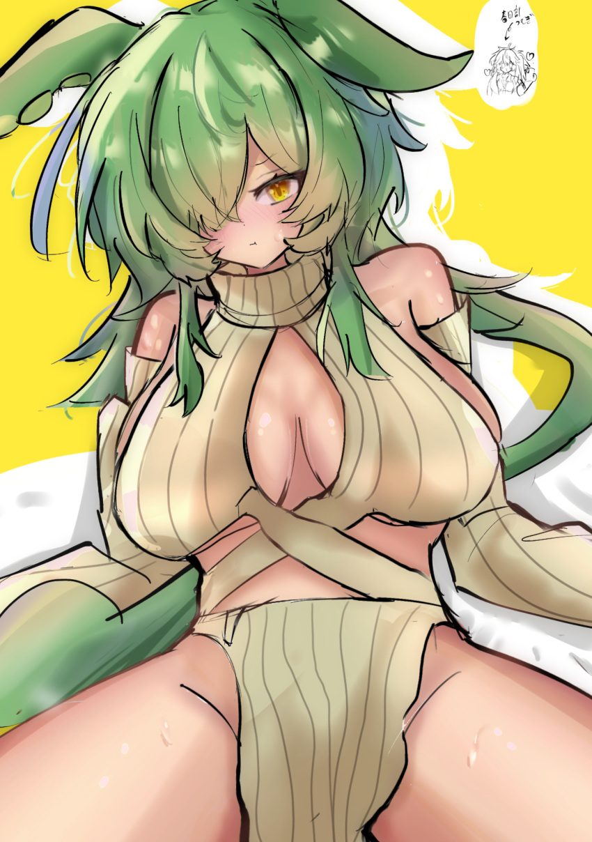 :t aged_up alternate_costume alternate_hairstyle blush breasts closed_mouth commentary_request cowboy_shot evolved_virgin_killer_sweater frown green_hair hair_between_eyes hair_over_one_eye highres kasukabe_tsumugi large_breasts long_bangs long_hair looking_at_viewer muu_hachiba pelvic_curtain pout ribbed_sweater solo_focus sweater textless_version thighs voiceroid voicevox yellow_eyes zundamon