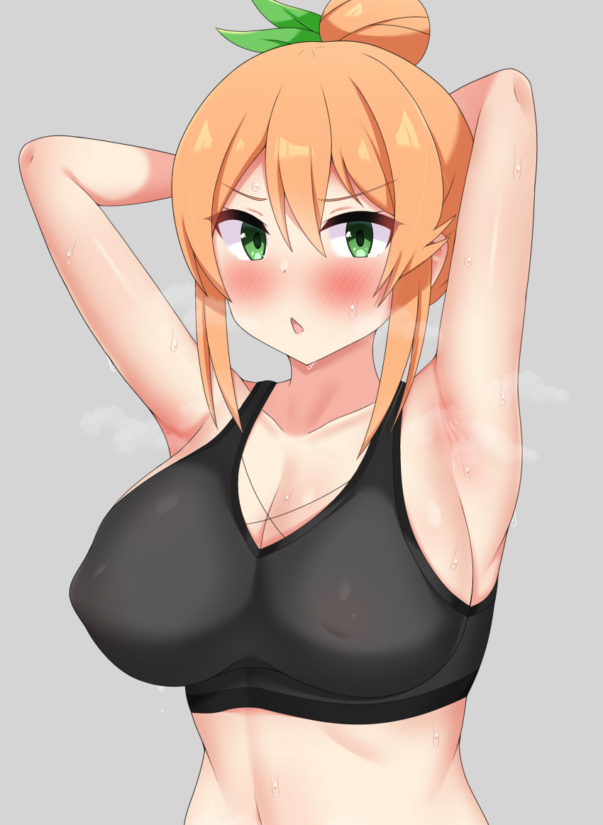 absurdres armpit_crease black_bra blush bra breasts covered_nipples female green_eyes hair_between_eyes hair_bun highres hinatsuki_mikan large_breasts long_hair machikado_mazoku orange_hair solo sura_sura underwear