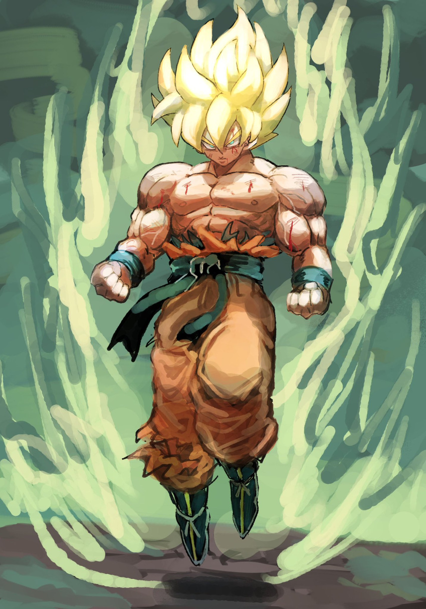 1boy 9302w_(user_wjpg8475) blonde_hair blood closed_mouth dragon_ball green_eyes highres male_focus muscular muscular_male pants pectorals solo son_goku spiked_hair super_saiyan super_saiyan_1 torn_clothes torn_pants wristband