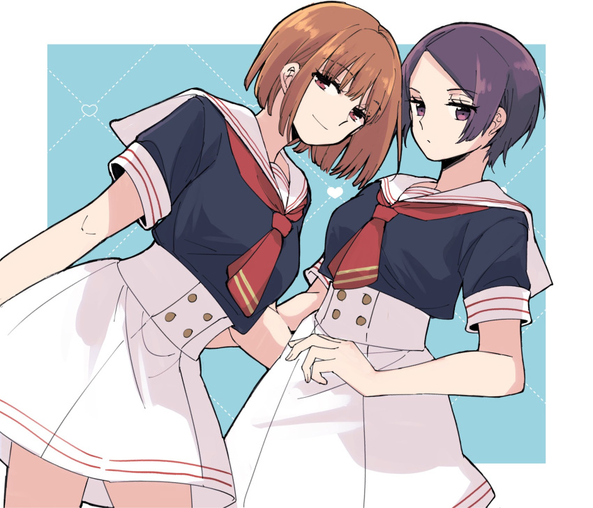 2girls ayatsuji_haruka bare_arms black_shirt blue_background bob_cut breasts brown_eyes brown_hair cowboy_shot eyelashes high-waist_skirt highres kitora_ai looking_at_viewer miniskirt multiple_girls neckerchief outside_border parted_bangs purple_eyes purple_hair red_neckerchief sailor_collar school_uniform serafuku seto_taichi shirt short_hair short_sleeves skirt smile white_sailor_collar white_skirt world_trigger