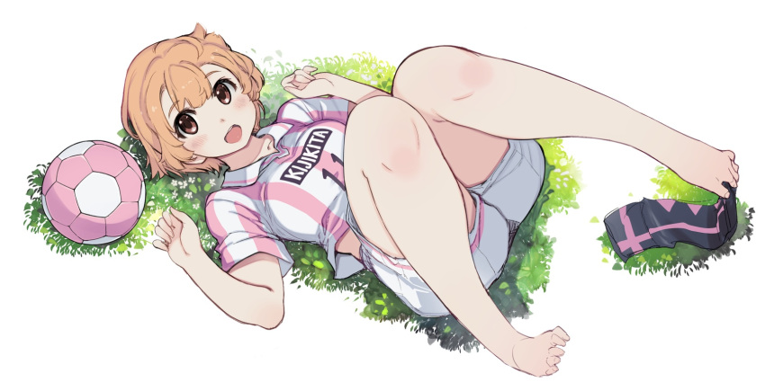 :d ball bare_legs barefoot between_toes blush brown_eyes brown_hair feet female highres inukai_kiiro knees_together_feet_apart looking_at_viewer lying mai_ball! mil_(xration) on_back on_grass open_mouth pink_shirt shirt short_hair short_sleeves shorts smile soccer_ball soccer_uniform solo sportswear striped_clothes striped_shirt toes vertical-striped_clothes vertical-striped_shirt white_shorts