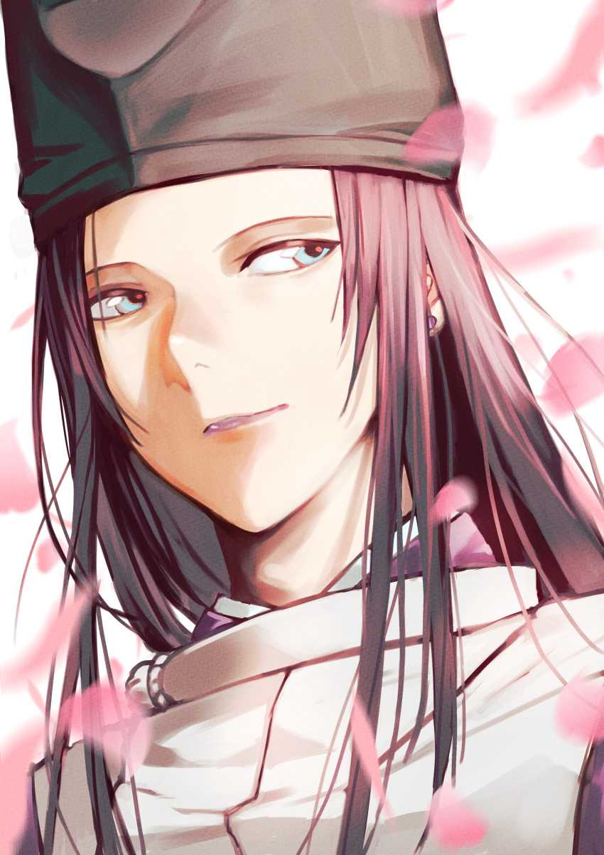 1boy absurdres bishounen black_hat blue_eyes cherry_blossoms earrings facing_viewer falling_petals fujiwara_no_sai hat highres hikaru_no_go japanese_clothes jewelry kariginu kimono lips long_hair looking_away male_focus petals portrait purple_hair purple_lips sidelocks sideways_glance smirk solo stud_earrings tate_eboshi tsugu0302