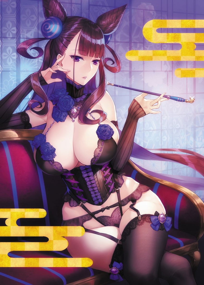 bare_shoulders black_thighhighs blunt_bangs bra breasts brown_hair cleavage collar cone_hair_bun corset curly_hair detached_collar detached_sleeves egasumi elbow_gloves fate/grand_order fate_(series) female fingernails flower frilled_collar frills garter_belt gloves hair_bun high_collar highleg highleg_panties highres indoors kiseru lace lace-trimmed_bra lace-trimmed_garter_belt lace-trimmed_legwear lace-trimmed_panties lace_trim large_breasts lingerie lipstick long_hair makeup murasaki_shikibu_(fate) onigiri-kun_(demmy) panties photoshop_(medium) purple_eyes sitting smoking_pipe solo thighhighs underwear