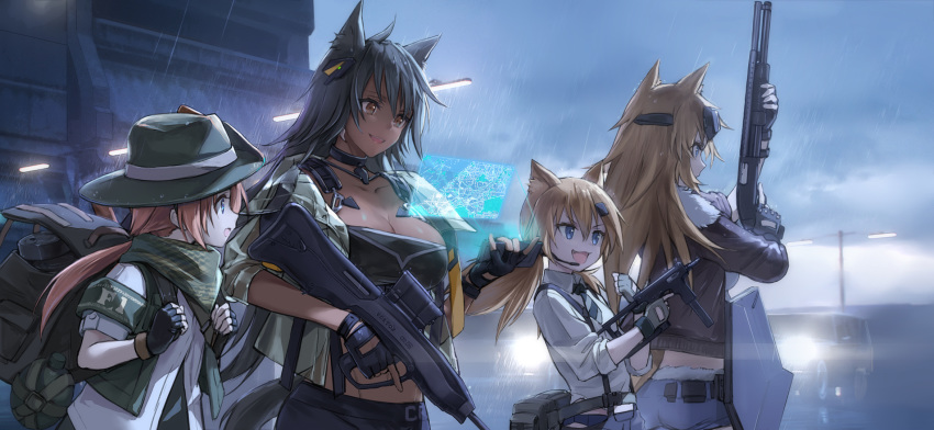 4girls animal_ears armband assault_rifle backpack bag black_gloves blonde_hair blue_eyes breasts brown_hair building car cat_ears commentary cr-21_(girls'_frontline) creator_connection dark-skinned_female dark_skin f1_(girls'_frontline) fingerless_gloves girls'_frontline gloves goggles gun hair_between_eyes hat highres holding holding_weapon hologram idw_(girls'_frontline) keffiyeh kisetsu lantern large_breasts light long_hair m500_(girls'_frontline) midriff mossberg_500 motor_vehicle multiple_girls navel necktie open_mouth photoshop_(medium) pump_action rain rifle shield shield_module shirt shorts shotgun smile standing submachine_gun tail twintails weapon white_shirt