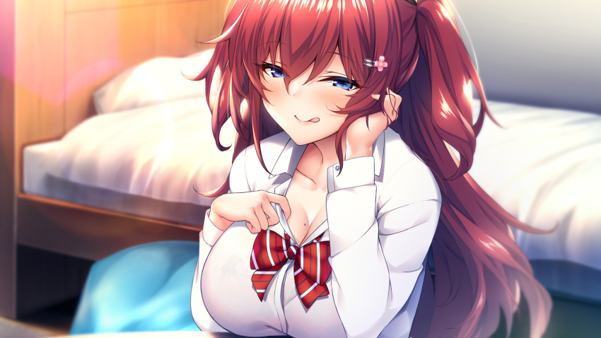 bed bedroom blush bow bowtie breast_rest breasts cleavage closed_mouth clothes_pull female game_cg hair_ornament hair_ribbon highres indoors long_hair looking_at_viewer nakatama_kyou naughty_face non-web_source ousaka_ayane pillow pulling_own_clothes red_hair ribbon shirt shirt_pull sitting solo tongue tongue_out toshishita_kanojo twintails uniform white_shirt