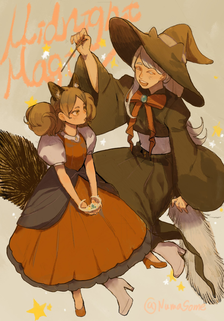 2girls alternate_costume animal_ears black_dress boots bow brown_eyes brown_hair closed_eyes dress eyebrows frilled_dress frills grin haiba_arisa haikyuu!! hat highres holding holding_wand long_dress long_hair looking_at_another multiple_girls numasome puffy_short_sleeves puffy_sleeves red_bow red_dress red_footwear short_sleeves smile starry_background tail teeth text_background twintails twitter_username wand white_footwear white_hair wide_sleeves witch witch_hat wolf_ears wolf_girl wolf_tail yamamoto_akane