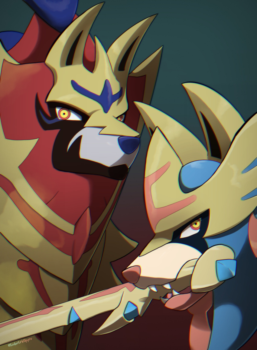 2020 absurd_res crowned_shield_zamazenta crowned_sword_zacian digital_media_(artwork) duo feral generation_8_pokemon hi_res holding_melee_weapon holding_object holding_sword holding_weapon icelectricspyro legendary_pokemon male mammal melee_weapon nintendo open_mouth pokemon pokemon_(species) sword teeth tongue weapon zacian zamazenta