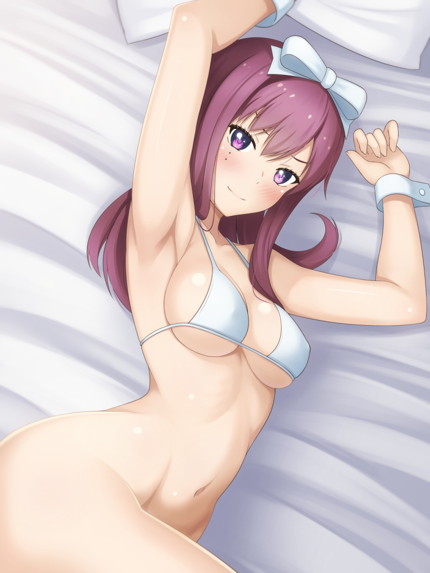 alfort_(may0508) armpits bikini blush bottomless bow breasts commentary female highres long_hair looking_at_viewer medium_breasts micro_bikini mole mole_under_eye multiple_moles navel oshi_ga_budoukan_itte_kuretara_shinu purple_eyes purple_hair smile solo swimsuit teramoto_yuuka wrist_cuffs