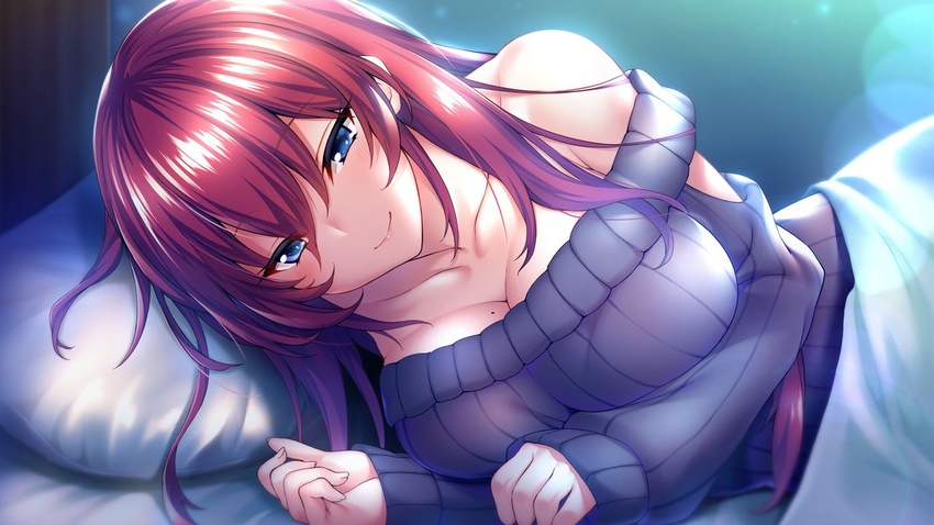 bangs blue_eyes blush breasts cleavage closed_mouth collarbone female game_cg hair_between_eyes indoors large_breasts lens_flare long_hair long_sleeves looking_at_viewer lying mole mole_on_breast nakatama_kyou non-web_source off-shoulder_sweater off_shoulder on_side ousaka_ayane purple_sweater red_hair ribbed_sweater shiny shiny_hair sleeves_past_wrists smile solo straight_hair sweater toshishita_kanojo under_covers