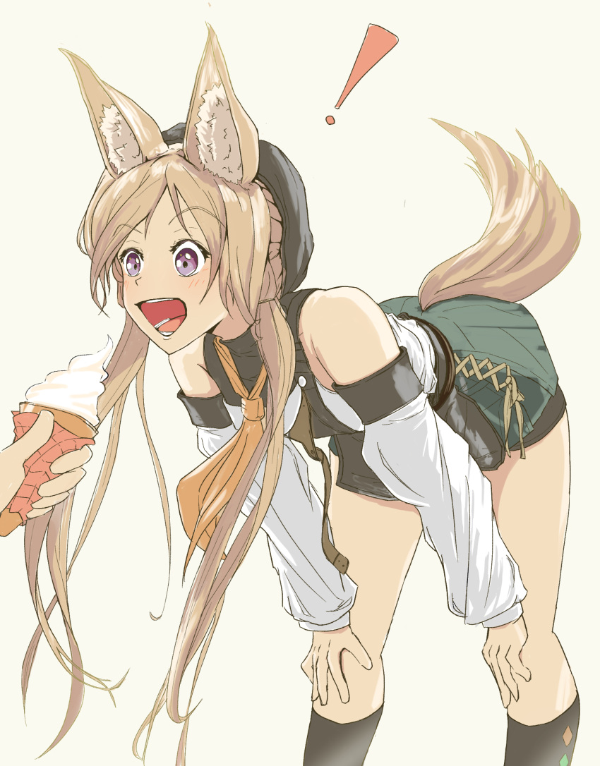 ! 1other animal_ear_fluff animal_ears arknights bare_shoulders bent_over black_hat black_shirt black_socks blonde_hair cardigan_(arknights) character_request check_character cowboy_shot cross-laced_clothes cross-laced_skirt detached_sleeves dog_ears dog_girl dog_tail etoyou3333 female food green_skirt grey_background hands_on_own_knees hat highres holding holding_food holding_ice_cream ice_cream kneehighs long_hair long_sleeves looking_at_food miniskirt neckerchief open_mouth orange_neckerchief out_of_frame purple_eyes shirt simple_background skirt sleeveless sleeveless_shirt socks standing tail tail_raised white_sleeves yellow_tail