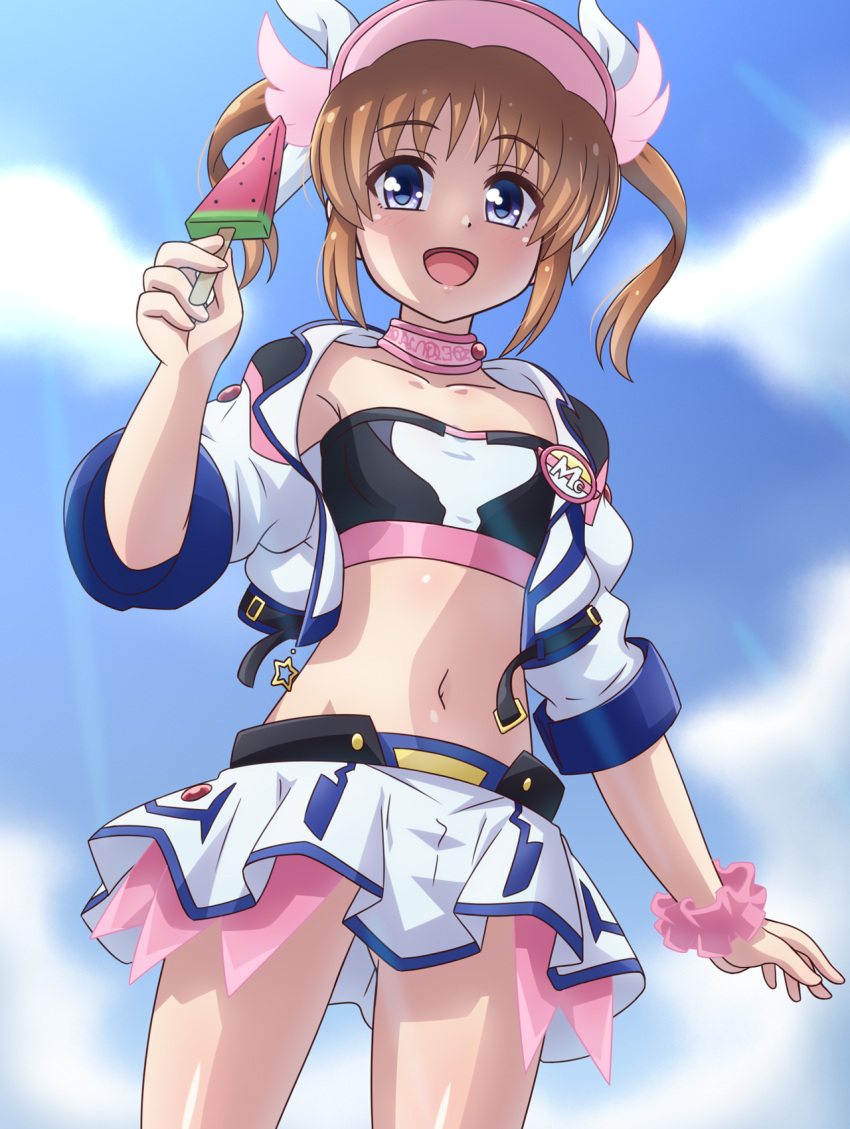 blue_eyes blue_sky blush breasts brown_hair cowboy_shot cropped_jacket detached_collar female food from_below highres jacket looking_at_viewer lyrical_nanoha mahou_shoujo_lyrical_nanoha_detonation navel open_clothes open_jacket open_mouth popsicle scrunchie shirt sky small_breasts smile solo strapless takamachi_nanoha tube_top twintails visor_cap white_shirt wrist_scrunchie yosuzu