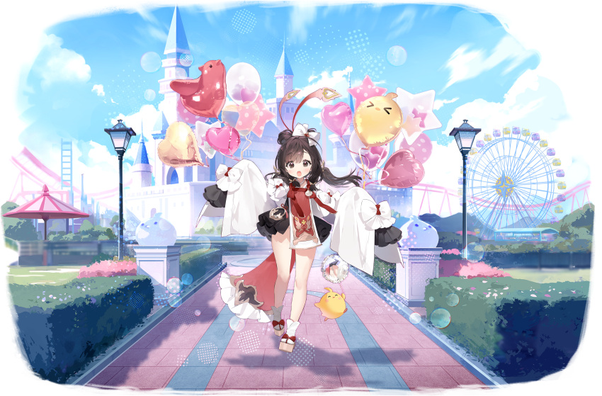 :o absurdres amusement_park azur_lane balloon bare_legs bird black_dress blue_sky blush bow bow-shaped_hair brown_eyes brown_hair castle chick dress female ferris_wheel full_body groin hair_over_one_eye hairbow hands_up heart_balloon highres holding holding_balloon lamppost legs long_hair looking_at_viewer manjuu_(azur_lane) mirror namyo no_panties non-web_source official_alternate_costume official_art open_mouth outdoors pelvic_curtain platform_footwear roller_coaster showgirl_skirt sky standing star_balloon teeth thighs upper_teeth_only upskirt very_long_sleeves w_arms wide-eyed zuihou_(azur_lane) zuihou_(joy_comes_on_fledgling_wings)_(azur_lane)