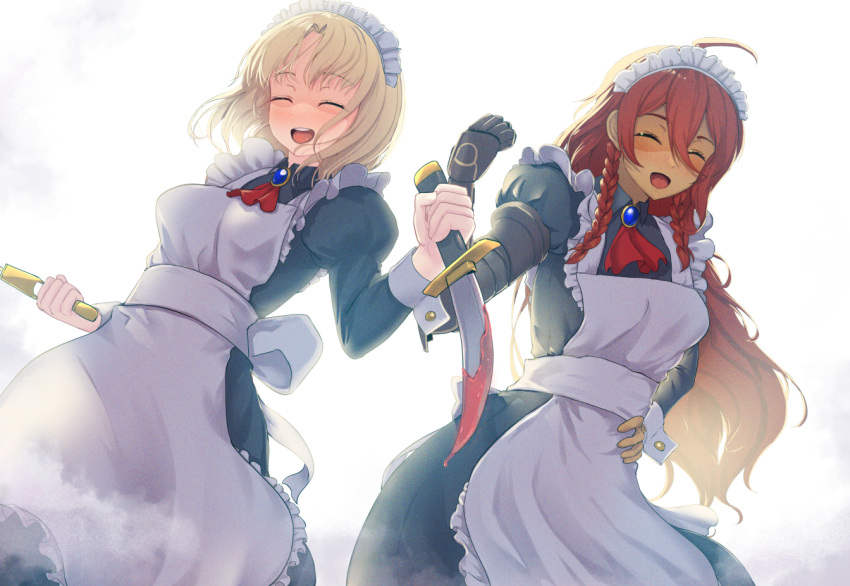 2girls :d ahoge alternate_costume apron black_dress blonde_hair blood blood_on_weapon braid closed_eyes dark-skinned_female dark_skin dress enmaided frilled_apron frills hand_on_own_hip holding holding_knife juliet_sleeves knife kokubyaku_no_avesta long_hair long_sleeves maid maid_apron maid_headdress multiple_girls okina_(805197) prosthesis prosthetic_arm puffy_sleeves quinn_(kokubyaku_no_avesta) red_hair samrukh_(kokubyaku_no_avesta) shaded_face shinza_bansho_series short_hair smile twin_braids weapon wind wind_lift