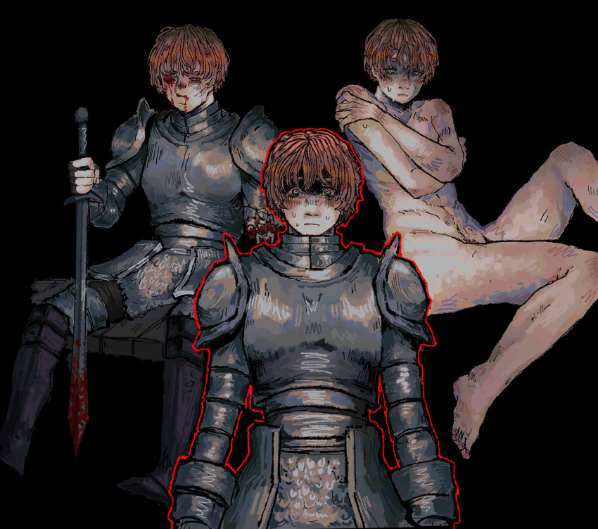 abs armor black_background bleeding blood blood_on_face blood_on_weapon blush breastplate covering_breasts covering_privates d'arce_(fear_&_hunger) english_commentary fantasy fear_&_hunger female highres injury knight multiple_views nude orange_hair outline red_outline short_hair shoulder_armor simple_background sitting sopaipillaa350 sword weapon