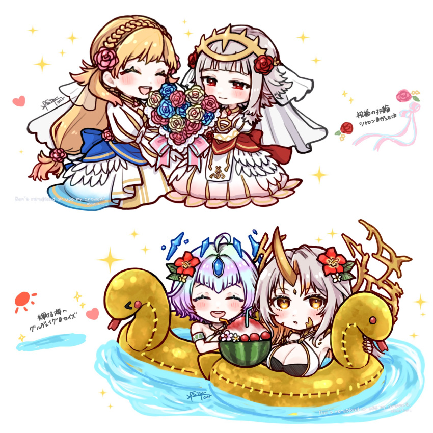 4girls bikini blonde_hair bouquet braid breasts bridal_veil chibi chibi_only cleavage closed_eyes crown_braid dress fire_emblem fire_emblem_heroes flower green_eyes grey_hair gullveig_(fire_emblem) gullveig_(summer)_(fire_emblem) hair_flower hair_ornament highres large_breasts long_hair misato_hao multicolored_hair multiple_girls red_eyes seidr_(fire_emblem) seidr_(summer)_(fire_emblem) sharena_(bride)_(fire_emblem) sharena_(fire_emblem) short_hair_with_long_locks signature smile swim_ring swimsuit tiara two-tone_hair veil veronica_(bride)_(fire_emblem) veronica_(fire_emblem) wedding_dress yellow_eyes