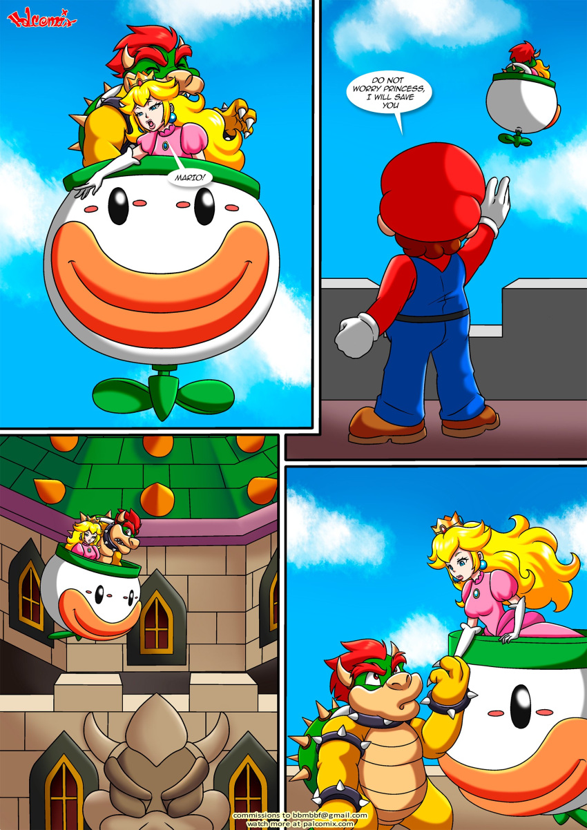 1girls 2boys bbmbbf bowser comic female male mario mario_(series) nintendo palcomix princess_peach the_mushroom_kingdom_secret_(comic)