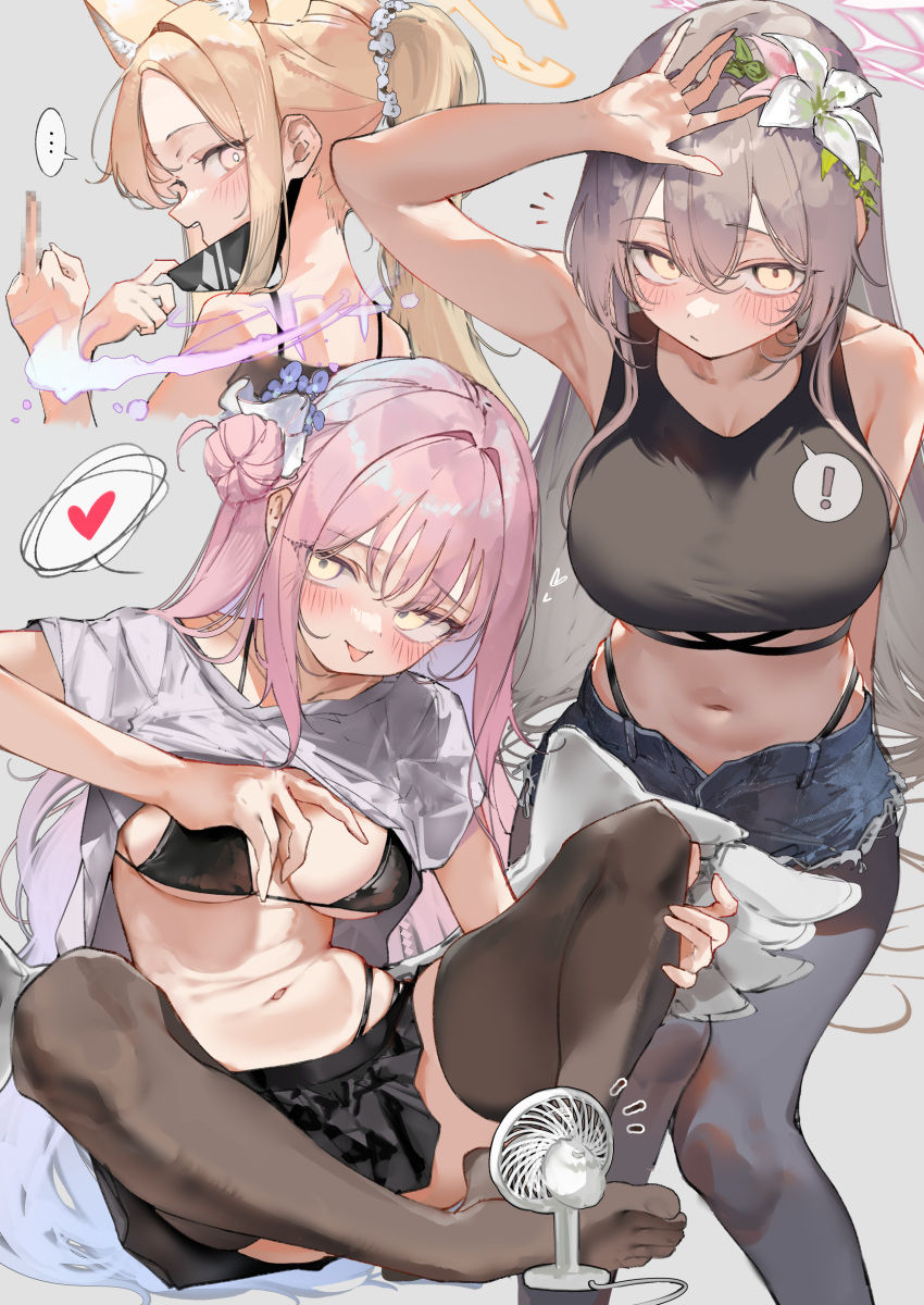 ! 3girls :p absurdres black_skirt blonde_hair blue_archive blue_shorts blush breasts brown_thighhighs censored commentary_request denim denim_shorts electric_fan grey_background grey_hair hair_bun halo heart highres large_breasts long_hair looking_at_viewer low_wings medium_breasts middle_finger mika_(blue_archive) mosaic_censoring multiple_girls nagisa_(blue_archive) navel open_mouth pepq pink_hair pink_halo ponytail seia_(blue_archive) shorts simple_background single_hair_bun sitting skirt spoken_exclamation_mark spoken_heart standing tea_party_(blue_archive) thighhighs tongue tongue_out white_wings wings yellow_halo