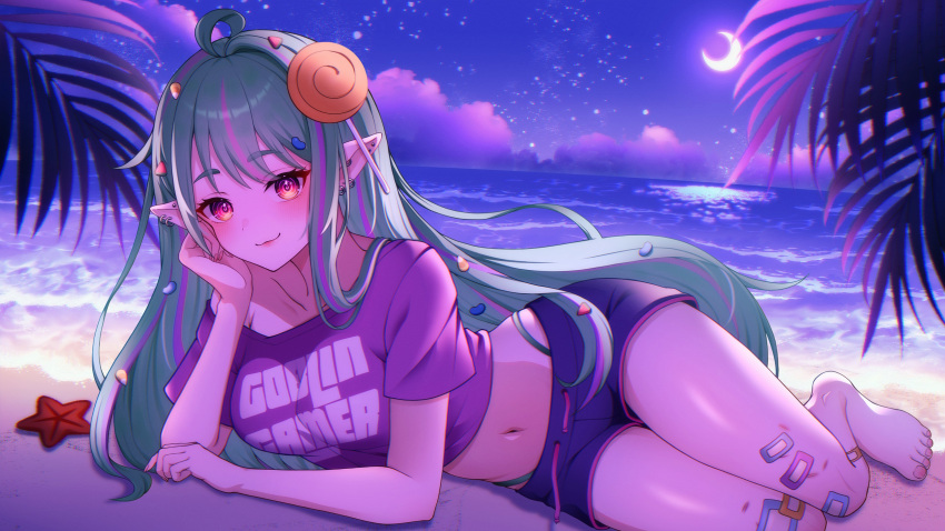 @_@ absurdres ahoge bandaid bandaid_on_knee bandaid_on_leg barefoot beach black_shorts blush breasts candy candy_corn closed_mouth clothes_writing cloud collarbone commission crescent_moon earrings female food food-themed_hair_ornament gradient_eyes green_hair hair_ornament hexa_(vtuber) highleg highleg_panties highres indie_virtual_youtuber jelly_bean jewelry lollipop lollipop_hair_ornament long_hair lying midriff moon multicolored_eyes multicolored_hair navel night night_sky ocean on_side palm_leaf panties pink_hair pointy_ears purple_eyes purple_hair purple_shirt senkanaki64 shirt shorts skeb_commission sky solo starfish streaked_hair swirl_lollipop underwear virtual_youtuber yellow_eyes